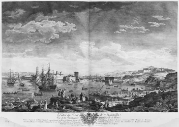 Entrada para o porto de Marselha, visto da montanha chamada Tete de More, série de "Les Ports de France", gravada por Charles Nicolas Cochin, o Jovem (1715-1790) e Jacques Philippe Le Bas (17